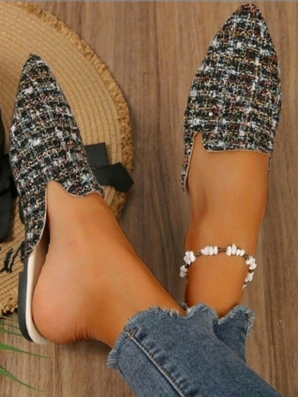 Woven Tweed Pointed Flat Mules - Black Multicolor